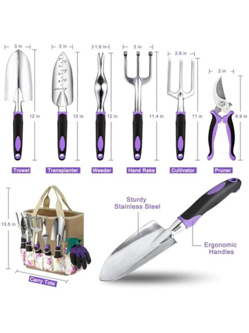 Garden Tool Set 30 Piece Stainless Steel Gardening Kit Tote Gloves Pruner Tags - Picture 3 of 6